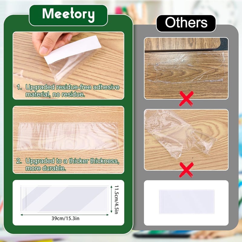 Meetory 36 PCS Upgraded Nameplate Pocket, 15.3'' x 4.5'' Self Adhesive Desk Nameplates Name Tag Pocket,No Residue Clear Plastic View Name Tag Sleeves for Classroom Desk, Office Supplies (15.3 x 4.5'') - Image 3